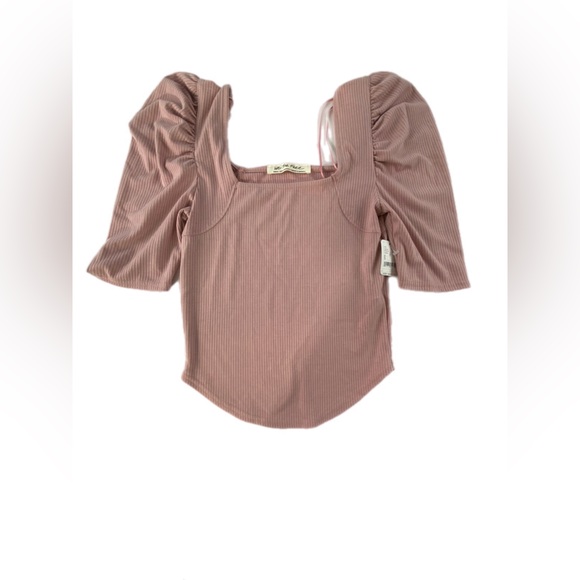 FREE PEOPLE NIGHT LILY SQUARE NECK PUFF SLEEVE RIBBED PALE MAUVE SIZE S NWT - Picture 5 of 12